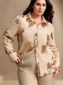 Anewsta Plus Size Women Rose Sequin Embroidered Blouse, Spring - Apricot - View 5