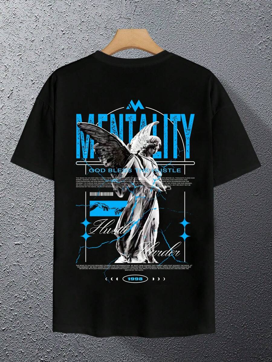 Manfinity EMRG Men's Slogan Angel Print Crew Neck Short Sleeve Casual T-Shirt Men Graphic Ts T Shirts Men Graphic T Shirts Graphic Men T Shirts Graphic - Black - View 1