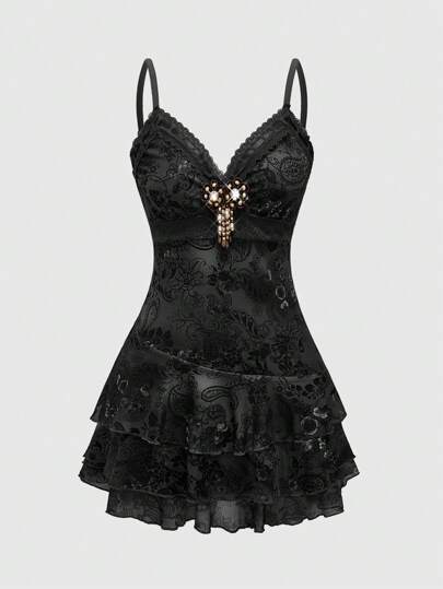 Vestido mini de mujer con estampado de paisley, volantes, cinta y encaje en estilo retro hippie vintage