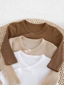 Loomiva Newborn Baby 3pcs Ribbed Knit Bodysuit - Khaki - View 4