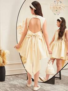 SHEIN Vestido elegante y de color amarillo pato para niñas preadolescentes, con cuello cuadrado de unicolor, sin mangas, espalda descubierta, decorado con gran lazo y empalme en forma de V. Vestido francés elegante y a la moda, ideal para volver al colegio, apropiado para graduaciones, bailes de promoción y fiestas de cumpleaños.