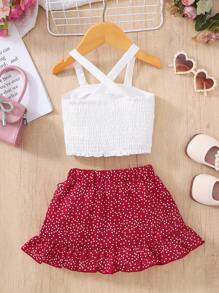 SHEIN 2pcs Infant/Toddler Girls Spring/Summer Casual Vacation Elegant Button Decor Wide Strap White Tank Top And White Contrast Polka Dot Ruffle Trim Asymmetrical Skirt, 1-3 Years Old OOTD Outfit, Suitable For Outing, Vacation And Daily Wear