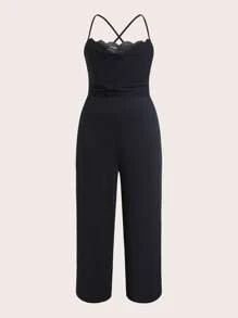 Ellevyn Talla grande mono elegante de color negro sólido con cuello swing, plisado y pierna ancha para mujer, conjunto casual de negocios de verano para conciertos
