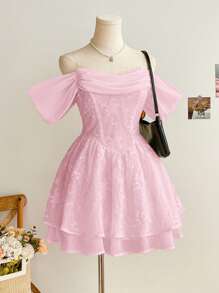 Soleia Váy công chúa ngắn trễ vai thanh lịch cho nữ - Màu Hồng baby - Xem 5