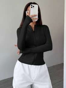 SHEIN Unity Women Front Zipper Long Sleeve Casual Plain Jacket, Spring/Autumn Fall Winter Cloth For Women