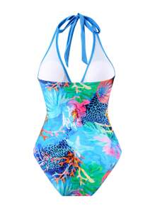 SHEIN Standard Size Navy Blue Ocean & Shell Print Front Cross Waist Ruched Neck Strap Monokini Swimsuit For Women - Multicolor - View 2