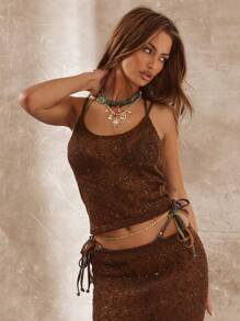 Musera Resort 亮片透视吊带背心 - 棕色 - 查看 1