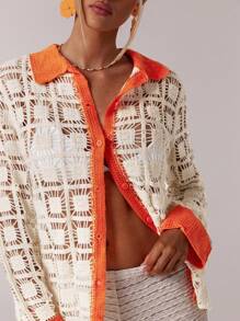 SHEIN Forever 21 Outfits/Curve Beachwear/Summer Clothes/Beach Vacation Outfits/Crochet/Color Contrast Cardigan Shirt - Multicolor - View 8