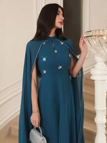 Modelyn Women's Elegant Party Rhinestone Decorated Cape Long Dress - Blue - View 1