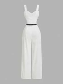 SHEIN MOD Combinaison femme grande taille col V couleur unie à volants avec ceinture, ensemble femme été pour la Saint-Valentin, vêtements de travail femme, combinaisons blanches pour femme, combinaisons pour femme de petite taille