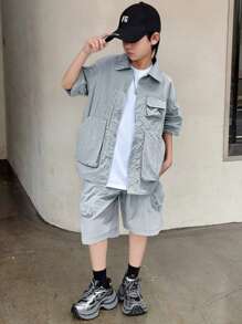 SHEIN 2pcs/Set Boys Casual Loose Fit Shirt With 3D Pockets And Shorts Set - Grey - View 1