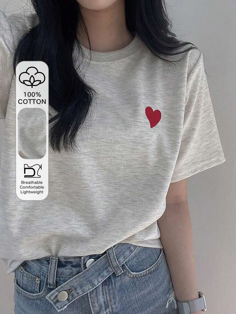 Women Round Neck Embroidered Color Block Heart Simple Pattern T-Shirt Cute Tops