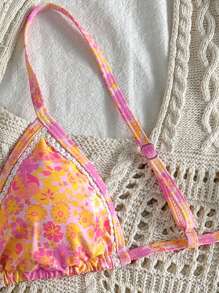 Swim Mod Women's Beach Summer Outfits, Random Floral Print Spaghetti Strap Ruffled Sexy Bikini Top - Multicolor - View 4