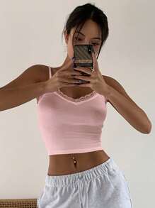 DAZY Áo Crop Top Ren Không Tay, Thường Ngày Mùa Hè - Hồng - Xem 2