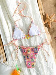 SHEIN Swim 2pcs Printed Lace Up Front Decor Bikini Set, Sexy & Stylish For Summer Beach Vacation - Multicolor - View 2
