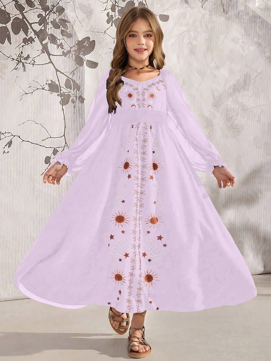 SHEIN Explorewe Tween Girls Black Long Sleeve Fashion Summer Dress - Purple - View 1