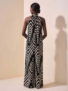 Slaydiva New Spring And Summer Casual Vacation Daily Commuting Halterneck Round Neck Sleeveless Ultra-Loose Wide-Leg Extra-Long Pants Navy Blue White Striped Women's Jumpsuit