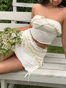 SHEIN EZwear 女士度假休闲纯色扭纹荷叶边抹胸上衣和迷你裙 2 件套 - 白色 - 查看 1