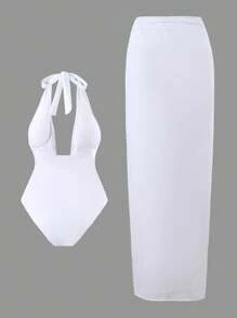 SHEIN Swim Women Beach Summer Outfits: 1 Pc Halter Neck Tie Up Swimwear Top Paired With 1 Pc Sexy High Split Skirt With Golden Shell Decor - White - View 4