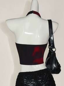 SHEIN ICON Áo ba lỗ hở vai in họa tiết lưới nhuộm loang Y2K Summer Going Out Club Concert màu đen và đỏ phong cách miền Tây Hippie dành cho nữ - Nhiều màu - Xem 2