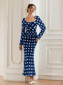 Aveloria Rosie French Elegant Square Neck Retro Polka Dot Patchwork A-Line Ruffle Dress With Fitted Waist, Women Long Sleeve Long Gown