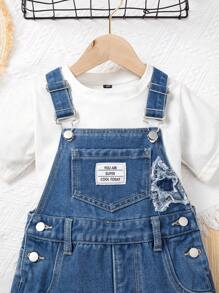 Young Girls Distressed Denim Overalls & Jumpsuits, Pentagram Embroidery Casual Washed Rompers, Stylish And Versatile - Medium Wash - View 5