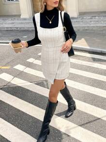 SHEIN Frenchy 大码女式格子不对称下摆休闲连体裤（带围兜）