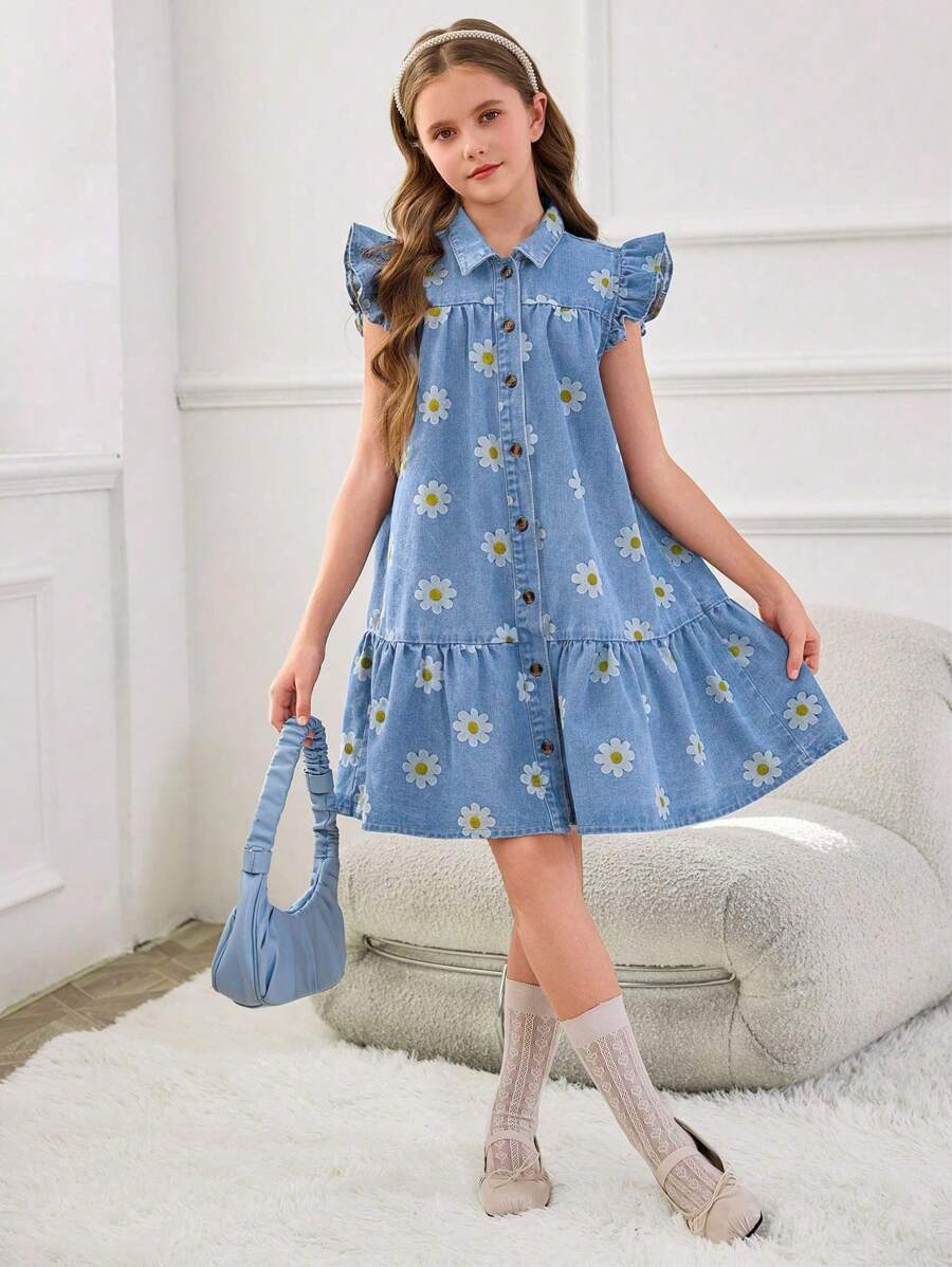 Tween Girls Y2K Washed Loose Cute Flutter Sleeve Ruffle Hem A-Line Denim Dress, Suitable For Casual Wear - Light Wash - View 1