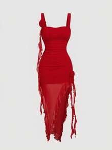 SHEIN MOD 大码女式红色浪漫 3D 花卉印花女士连衣裙、约会装、情人节装 - 紅色 - 查看 1