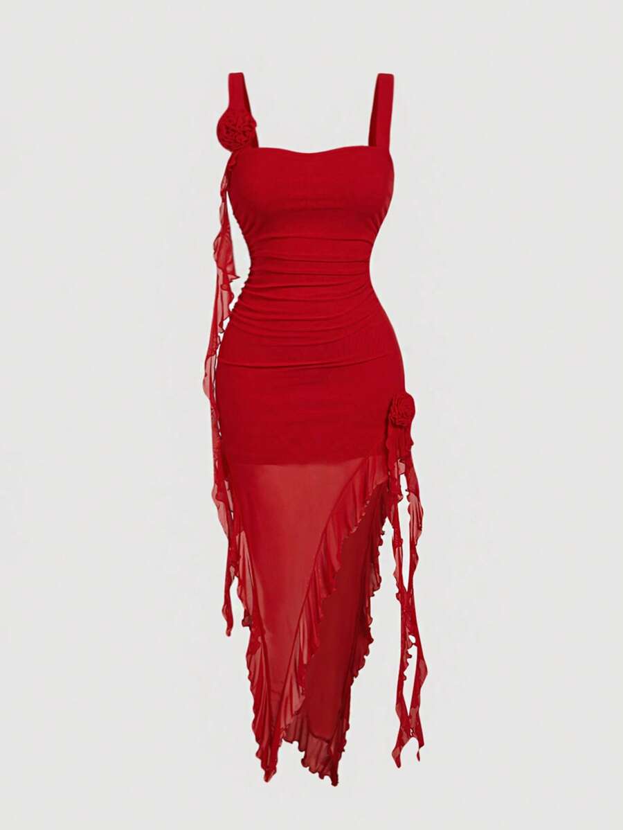 SHEIN MOD 大码女式红色浪漫 3D 花卉印花女士连衣裙、约会装、情人节装 - 紅色 - 查看 1