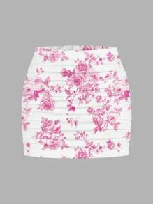 SHEIN MOD Women Floral Print Mid Waist Mini Ruched Bodycon Skirt, Suitable For Spring & Summer - Pink - View 1