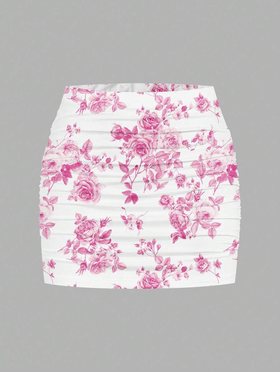 SHEIN MOD Women Floral Print Mid Waist Mini Ruched Bodycon Skirt, Suitable For Spring & Summer - Pink - View 1