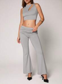 SHEIN Unity 2 Pieces Set Women Asymmetric Neck Top And Ruched Flare Pants, Casual Outfit - Grey - View 3
