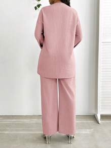 SHEIN Lady 2 件套女士休闲前系带长袖上衣和裤子套装，纯色蓝色女士两件套 - 藕粉色 - 查看 2