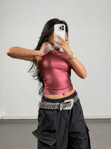 SHEIN Tween Girls Spring/Summer Fashionable Anorak Red Coated Slim Fit Tank Top - Burgundy - View 3