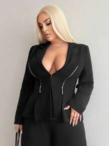 SHEIN SXY 加大码女式性感深 V 领褶皱拉链腰垫肩部 Siren 办公室时尚西装外套，适合日常穿着、通勤、商务、狂欢派对、海滩度假、约会之夜、生日、单身派对、俱乐部、休闲、购物、街头装、外出、增强身材、修饰体形、收腹 - 黑色 - 查看 4