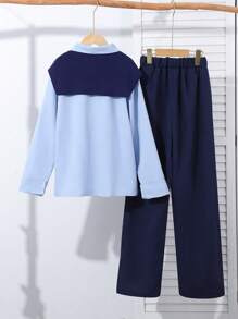 Teenage Girl Solid Color Long Sleeve Button Up Blouse + Straight Leg Pants 2pcs Outfit