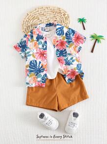 Cozy Pixies 3pcs/Set Toddler Boys Plant & Floral Print Lapel Short Sleeve Top, Button Down Shirt, And Elastic Waist Shorts Outfit