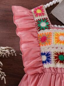 SHEIN Young Girls Pink Lace Trim Cinched Waist Tassels Pockets Embroidery Dress, Casual Cute Summer Outfit For Little Girls - Pink - View 7