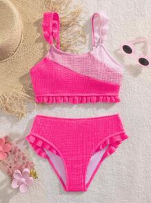 Tween Girls Bikini Sets, Knit Wavy Fabric Top With Shoulder Straps And Ruffle Trim Bottom Swimwear, Suitable For Swimming & Beach In Summer Two Pieces Bathing Suit For Girls
