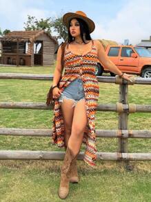 SHEIN EZwear Casual Romantic Vacation Style Striped V-Neck Sling Hem Slit Maxi Dress, Spring/Summer