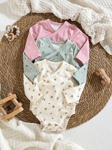 Loomiva 3pcs/Set Newborn Baby Boy/Girl Dot & Ditsy Floral Pattern Soft Knit Crew Neck Long Sleeve Bodysuit Clothing Sets - Pink - View 3