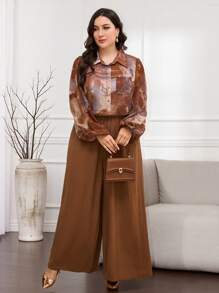 Lacomfia Plus Size Women Arabic Style Tie-Dye Print Lantern Sleeve Shirt And Pants Set