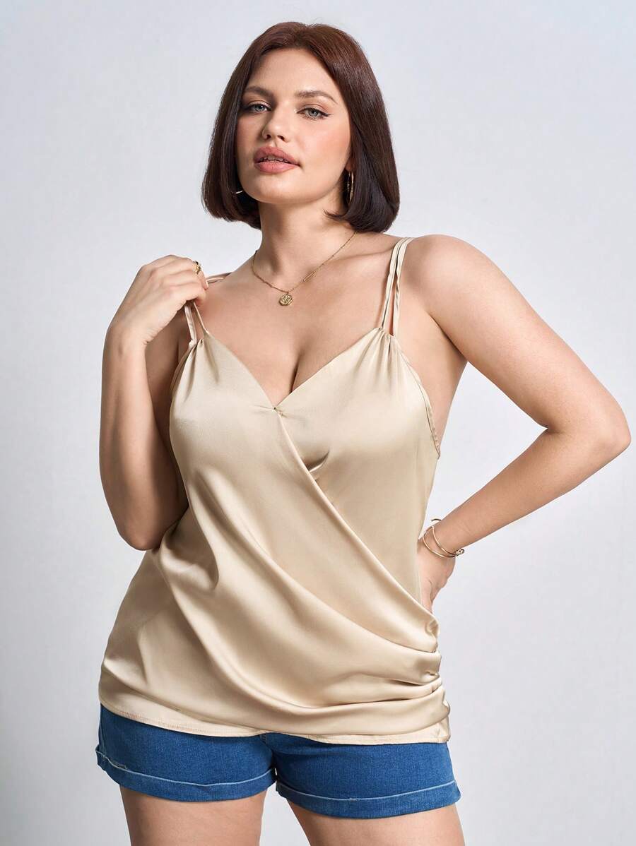 Chikora Plus Size Satin Ruched Elegant Camisole - Champagne - View 1