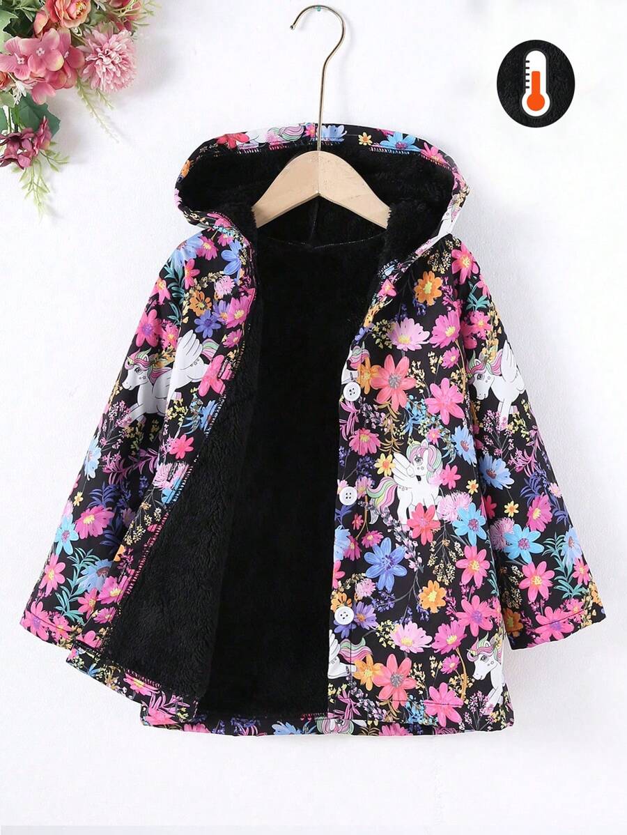 SHEIN 少女可爱独角兽与花卉印花内衬加厚中长款连帽外套秋冬季