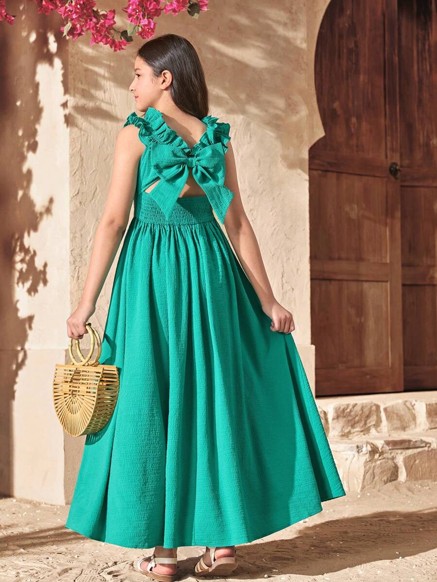 SHEIN Leap Crew Tween Girl Elegant Backless Bowknot Ruffle Collar Sleeveless Dress - Teal Blue - View 1
