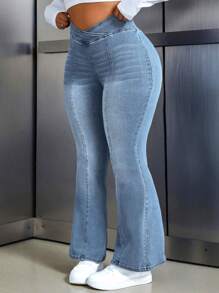 SHEIN ICON 大码破洞修身喇叭牛仔裤 - 淺色水洗藍 - 查看 5