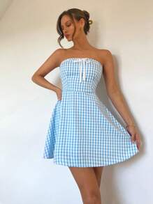 Chiquease Women Bandeau Bowknot Plaid A-Line Dress
