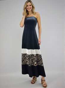 INAWLY Women's Leopard Print Patchwork Casual Long Tube Dress - Multicolor - View 1