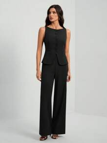 SHEIN Tall Women's Solid Color Round Neck Single-Breasted Vest And Pants Elegant Commuter Suit, Summer Fall Women Clothes Women Set Office Wear Business Casual Women Two Pieces Outfits Fall Women Office Wear Women Set Women Blazers Set - Black - View 7